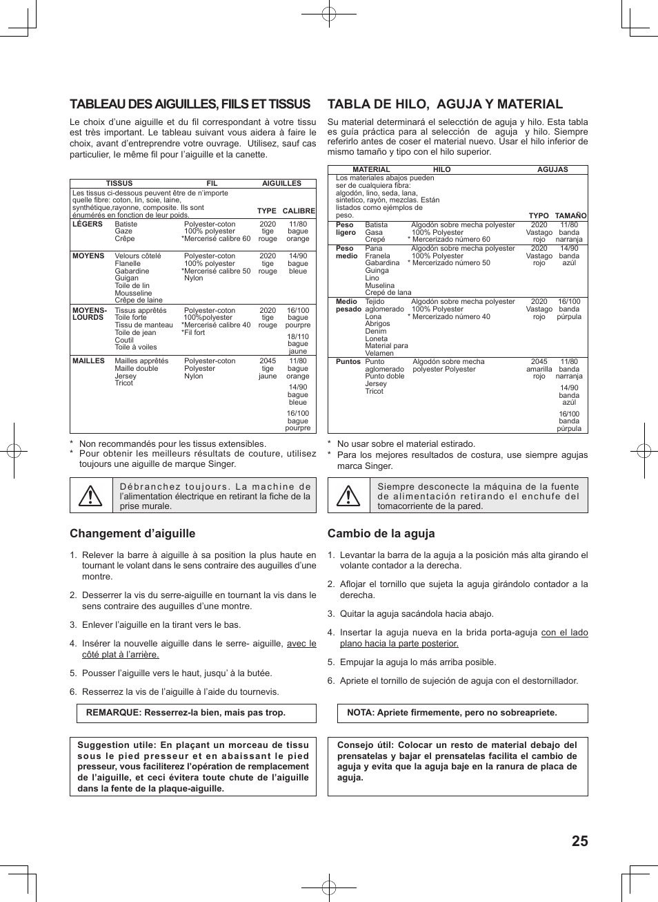 Tabla de hilo, aguja y material, Tableau des aiguilles, fiils et tissus, Cambio de la aguja | Changement d’aiguille | SINGER 5625 STYLIST II User Manual | Page 27 / 96