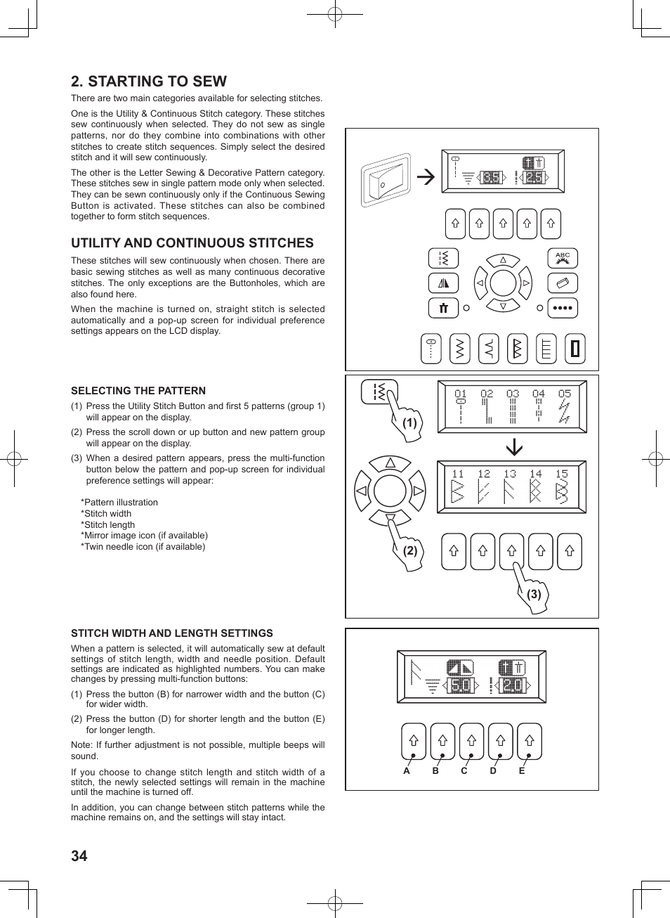 Starting to sew, Utility and continuous stitches | SINGER 5625 STYLIST II User Manual | Page 36 / 96