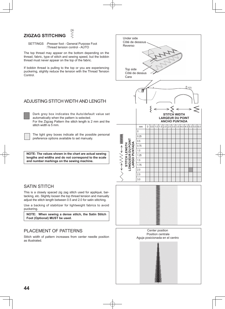 Zigzag stitching, Adjusting stitch width and length, Placement of patterns | Satin stitch | SINGER 5625 STYLIST II User Manual | Page 46 / 96