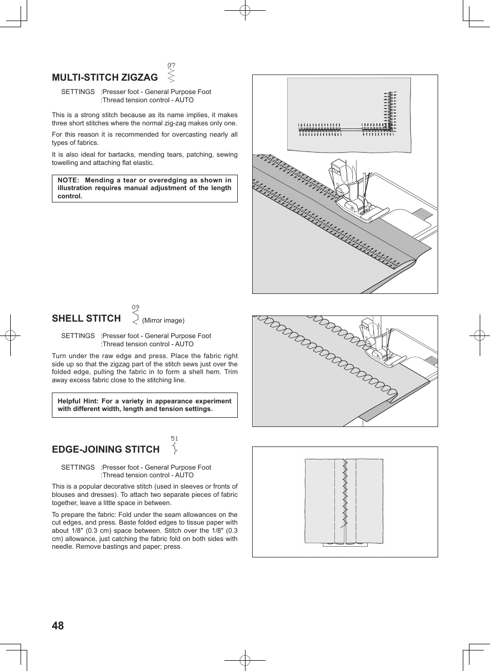 Multi-stitch zigzag, Shell stitch, Edge-joining stitch | SINGER 5625 STYLIST II User Manual | Page 50 / 96