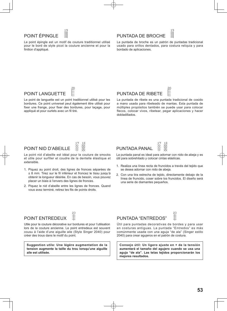 Point épingle, Point languette, Point entredeux | Point nid d’abeille, Puntada de broche, Puntada de ribete, Puntada “entredos, Puntada panal | SINGER 5625 STYLIST II User Manual | Page 55 / 96
