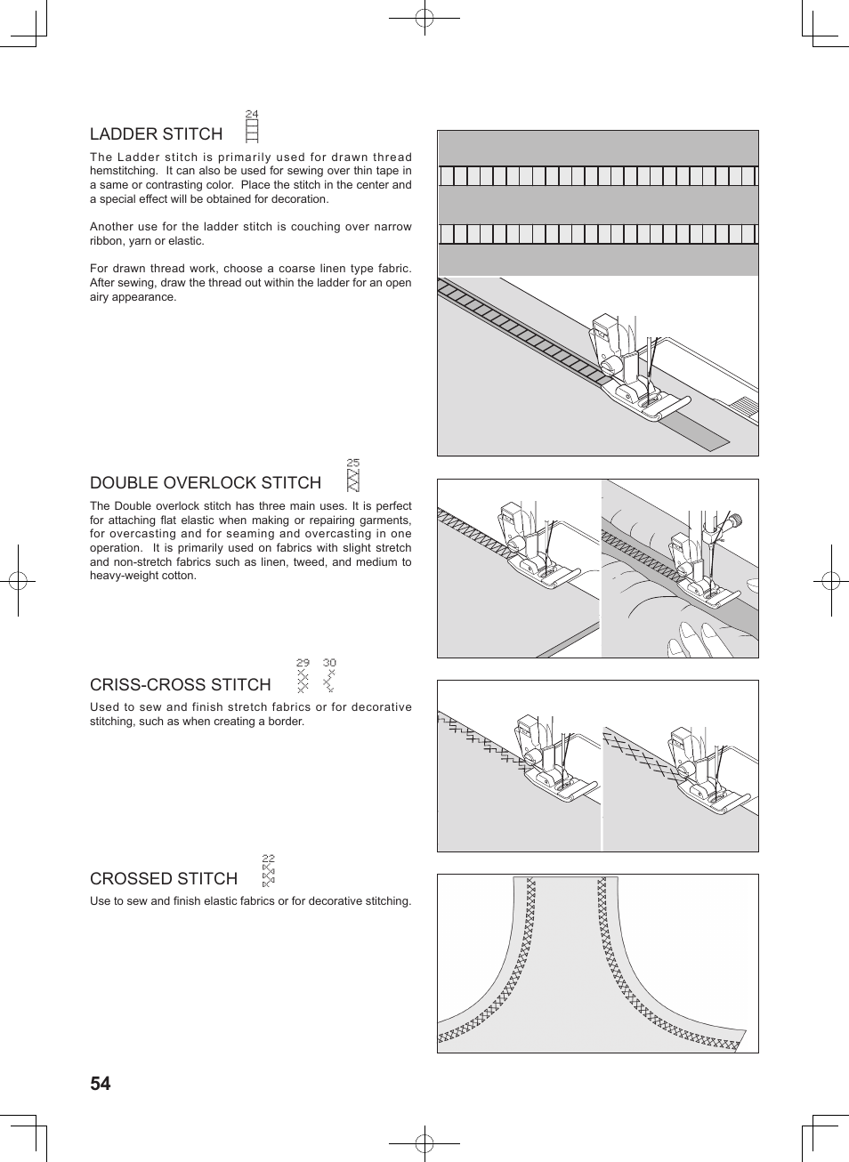 Ladder stitch, Double overlock stitch, Criss-cross stitch | Crossed stitch | SINGER 5625 STYLIST II User Manual | Page 56 / 96