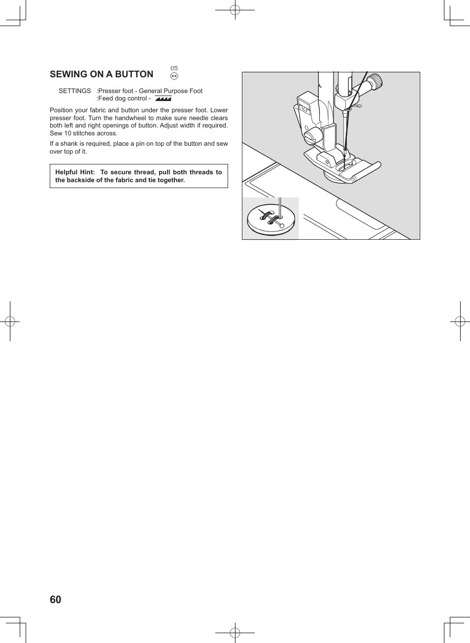 Sewing on a button | SINGER 5625 STYLIST II User Manual | Page 62 / 96