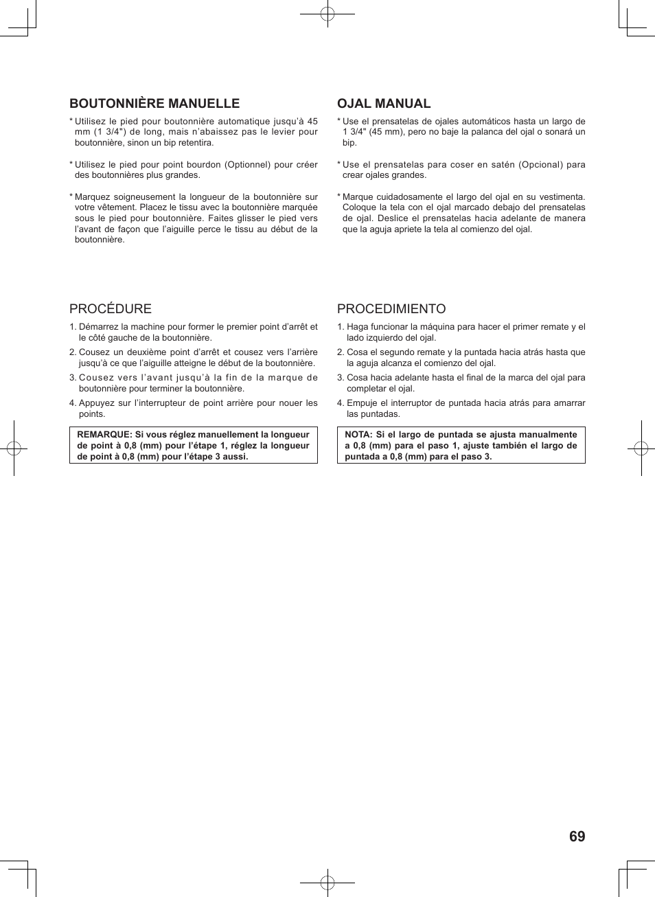 Boutonnière manuelle, Procédure, Ojal manual | Procedimiento | SINGER 5625 STYLIST II User Manual | Page 71 / 96