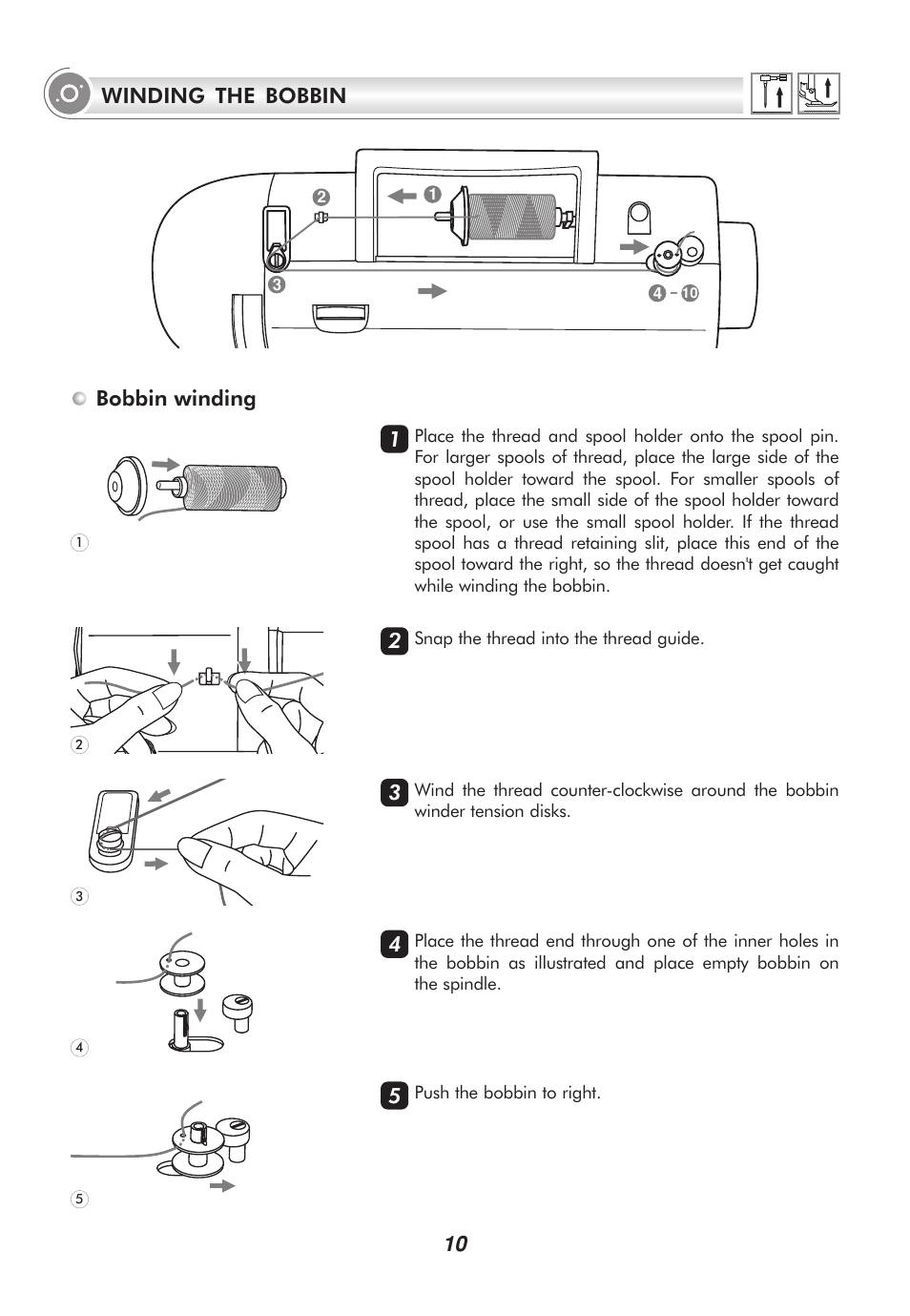 10 bobbin winding winding the bobbin | SINGER 2010 SUPERB Professional Instruction Manual User Manual | Page 15 / 84