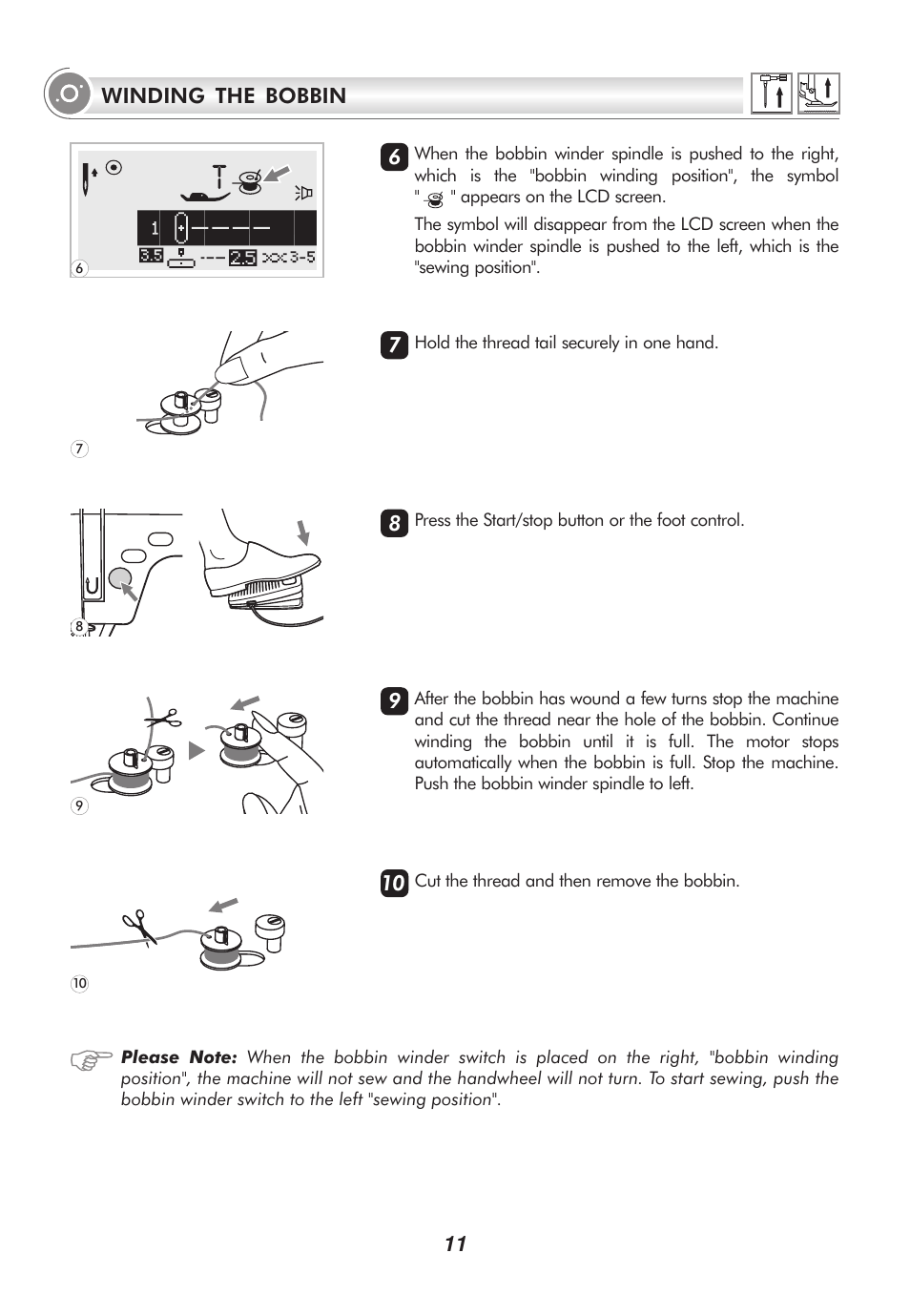 11 winding the bobbin | SINGER 2010 SUPERB Professional Instruction Manual User Manual | Page 16 / 84
