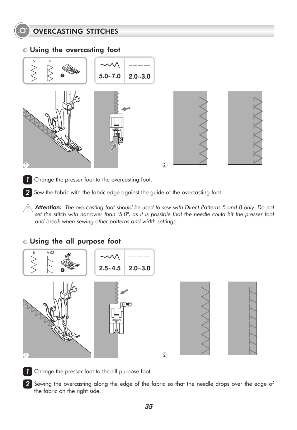 35 overcasting stitches, Using the all purpose foot, Using the overcasting foot | SINGER 2010 SUPERB Professional Instruction Manual User Manual | Page 40 / 84