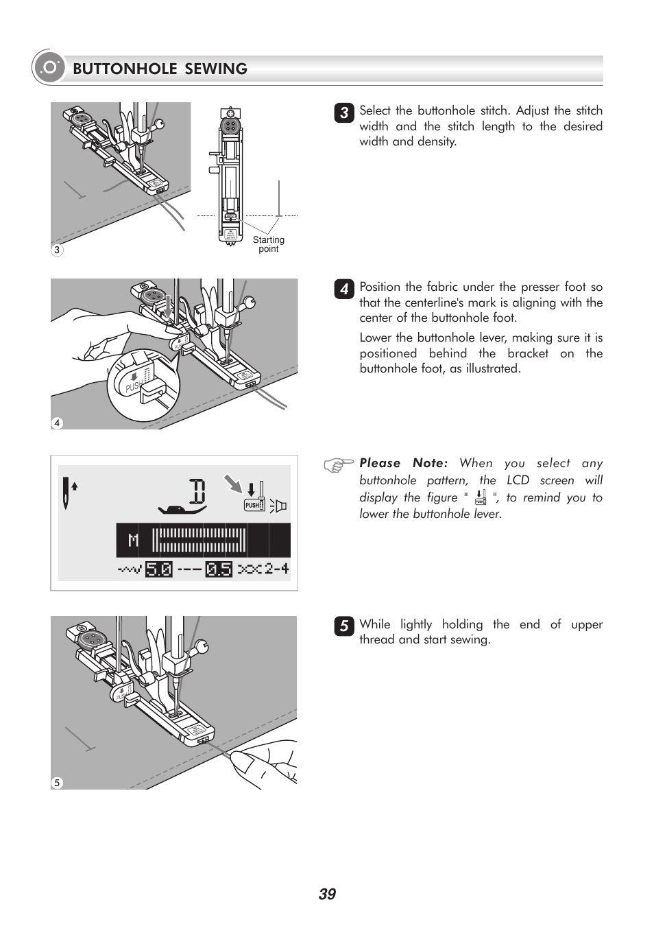 Buttonhole sewing 4 3 5 | SINGER 2010 SUPERB Professional Instruction Manual User Manual | Page 44 / 84
