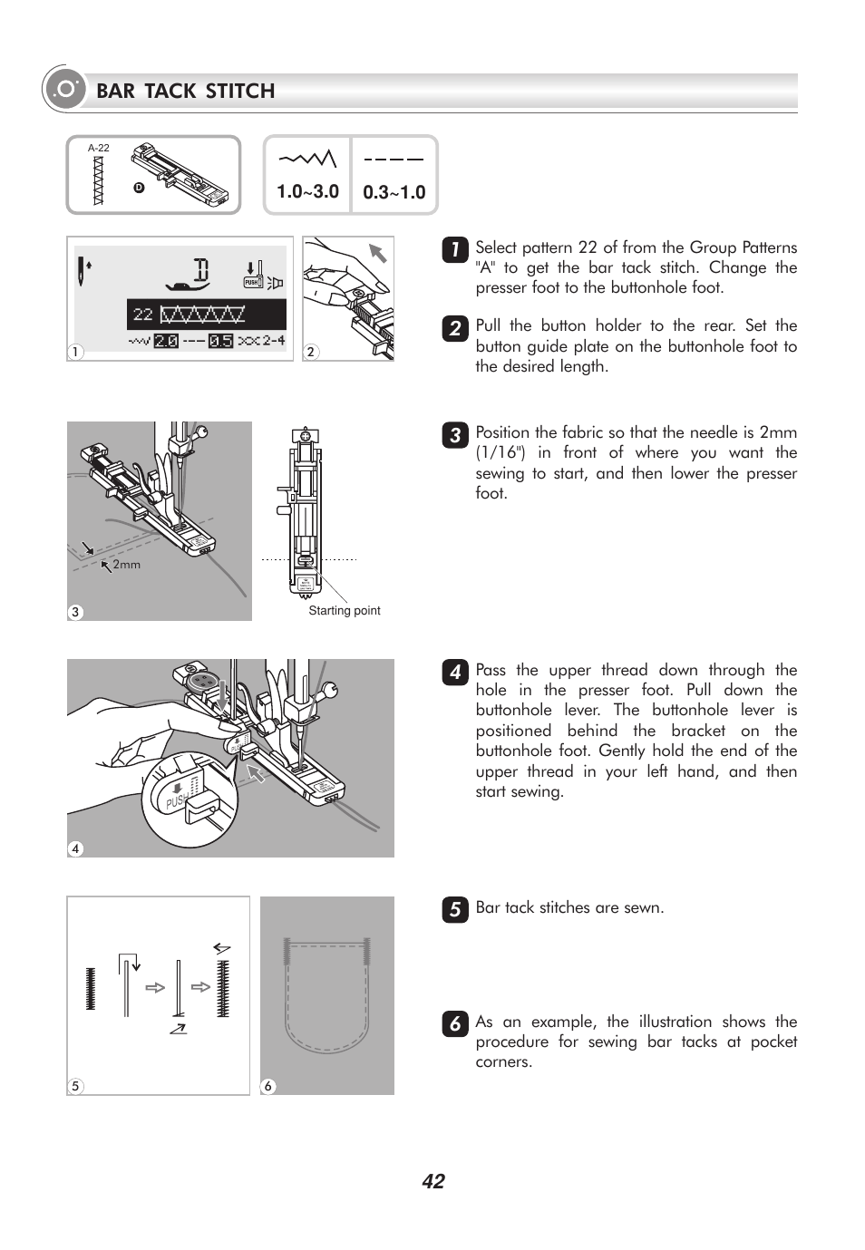 42 bar tack stitch | SINGER 2010 SUPERB Professional Instruction Manual User Manual | Page 47 / 84