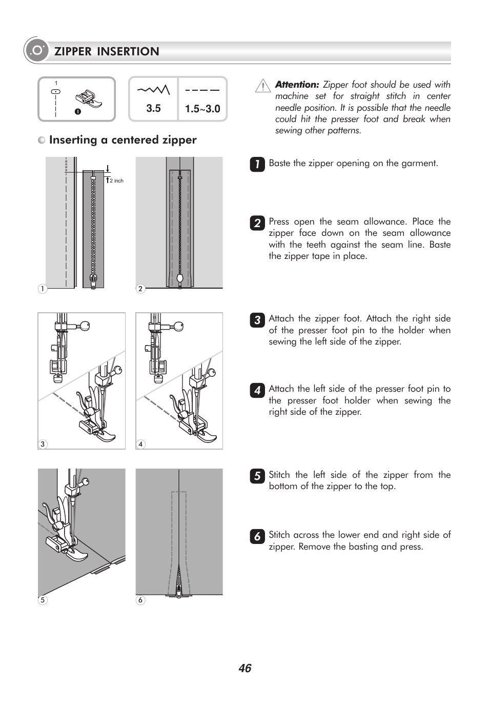 46 zipper insertion, Inserting a centered zipper | SINGER 2010 SUPERB Professional Instruction Manual User Manual | Page 51 / 84