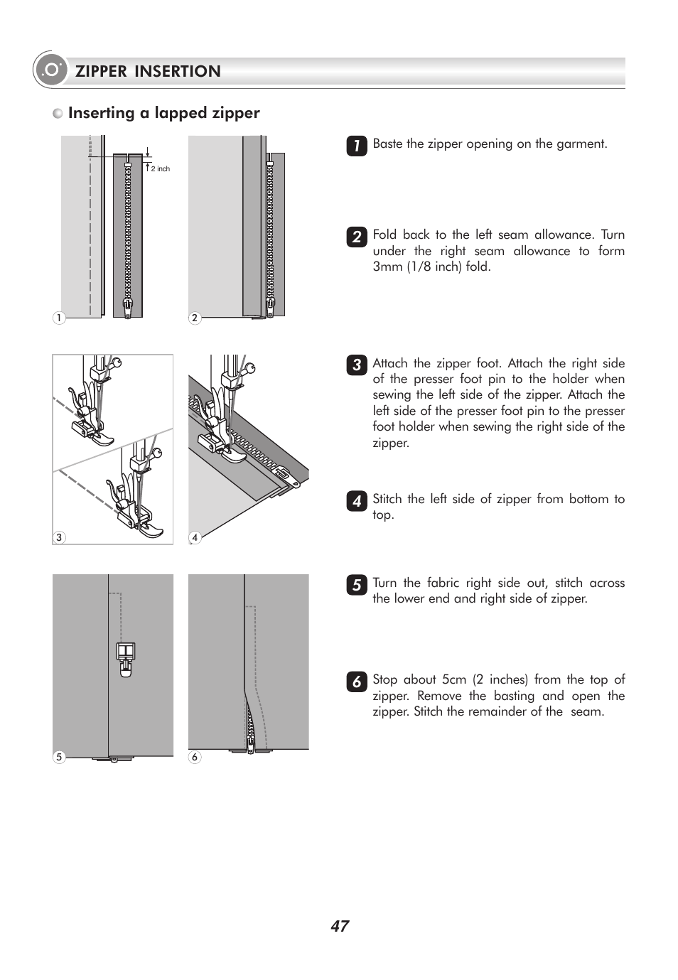 47 zipper insertion inserting a lapped zipper | SINGER 2010 SUPERB Professional Instruction Manual User Manual | Page 52 / 84