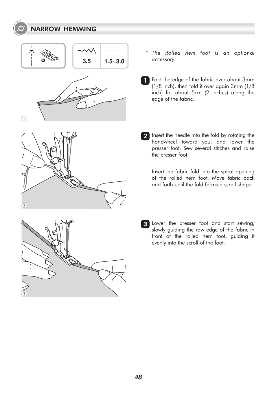 48 narrow hemming | SINGER 2010 SUPERB Professional Instruction Manual User Manual | Page 53 / 84