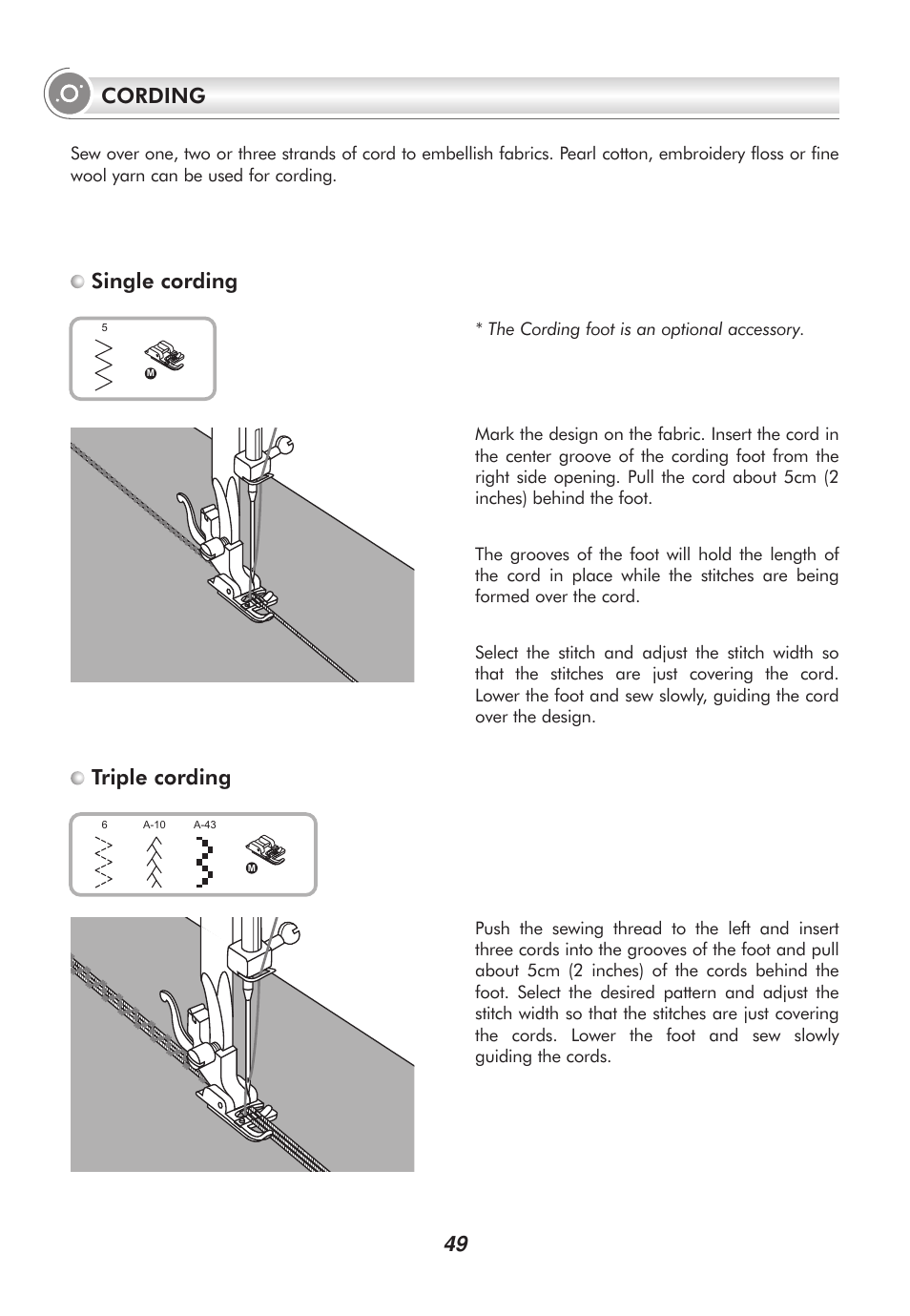 Single cording, Triple cording, Cording | SINGER 2010 SUPERB Professional Instruction Manual User Manual | Page 54 / 84