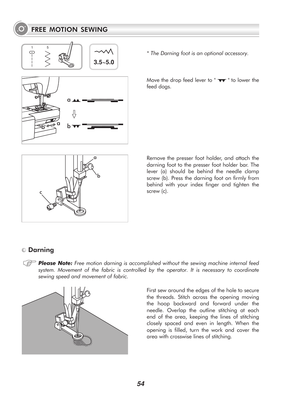 Darning, Free motion sewing | SINGER 2010 SUPERB Professional Instruction Manual User Manual | Page 59 / 84