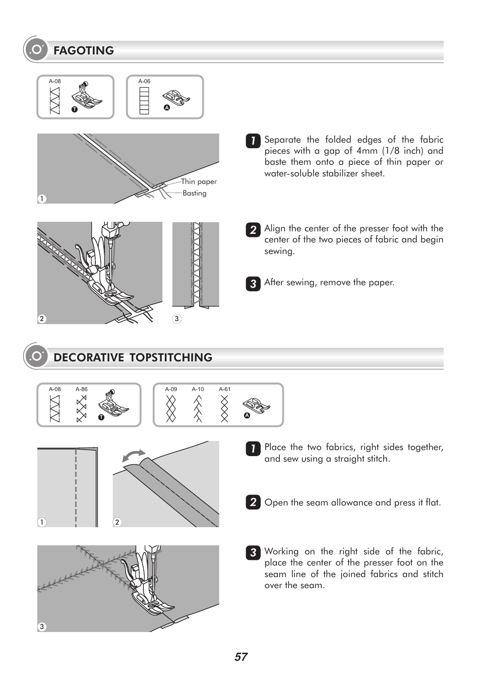 Decorative topstitching, 57 fagoting | SINGER 2010 SUPERB Professional Instruction Manual User Manual | Page 62 / 84