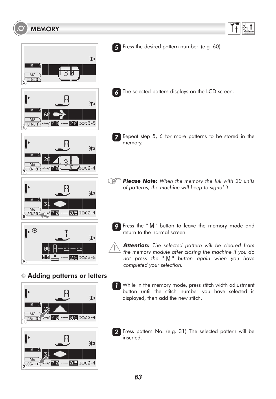 Adding patterns or letters 5 6 7 9 | SINGER 2010 SUPERB Professional Instruction Manual User Manual | Page 68 / 84