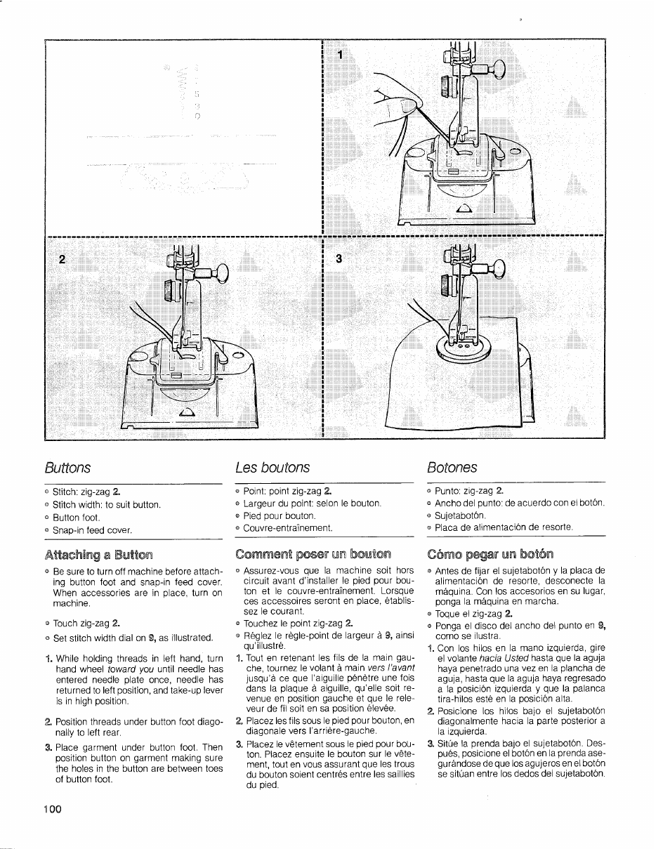 Buttons, Les boutons, Botones | Attaching a button, Comment poser un bouton, Cómo pegar yn botón, Buttons les boutons botones | SINGER 2010 Touch Tronic Instruction Manual User Manual | Page 101 / 113