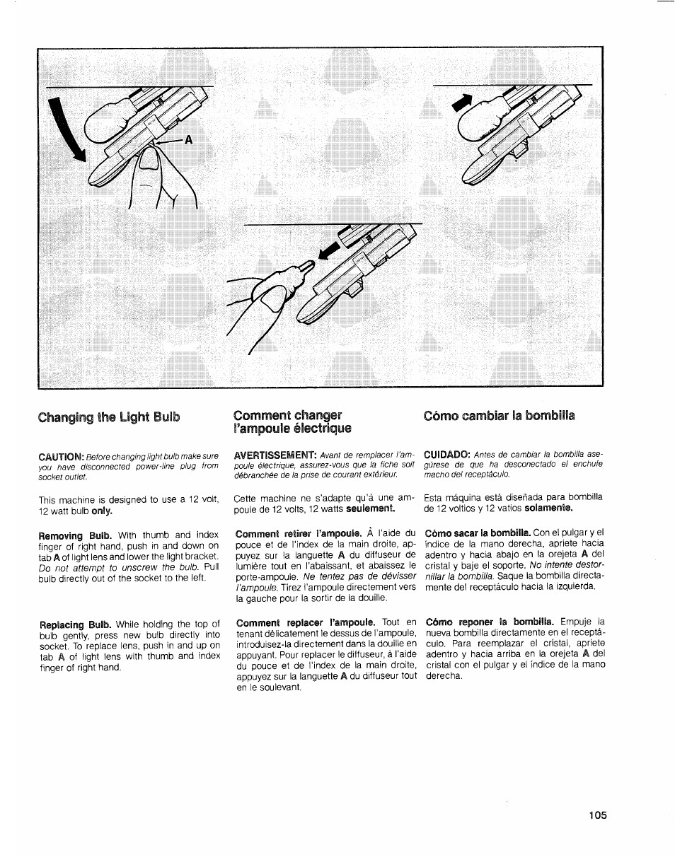 Changing the light bulb, Cómo cambiar la bombilla | SINGER 2010 Touch Tronic Instruction Manual User Manual | Page 106 / 113