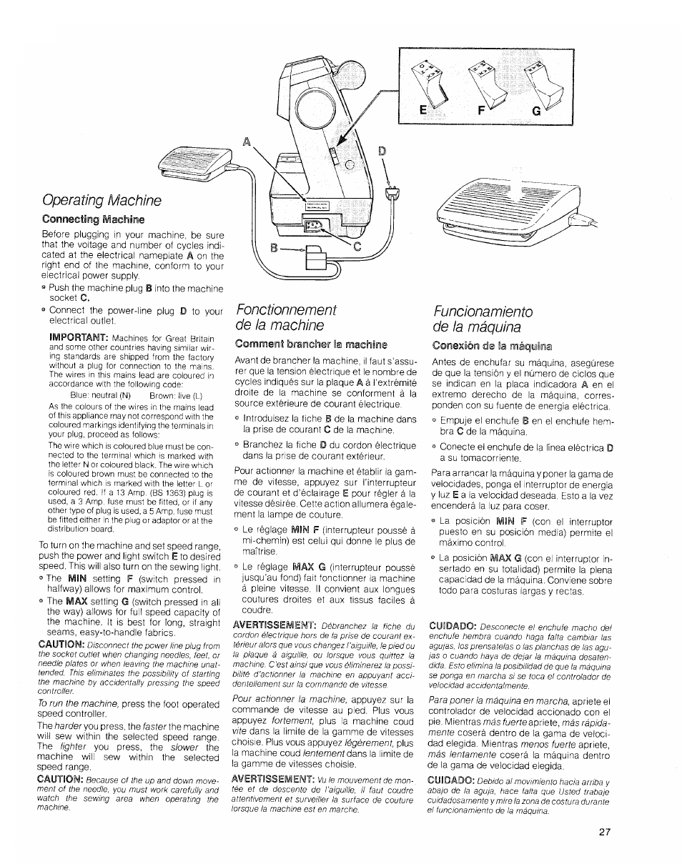 Operating machine, Fonctionnement de ia machine, Comment brancher la machine | Funcionamiento de ia máquina, Conexión de ¡a máquina | SINGER 2010 Touch Tronic Instruction Manual User Manual | Page 28 / 113