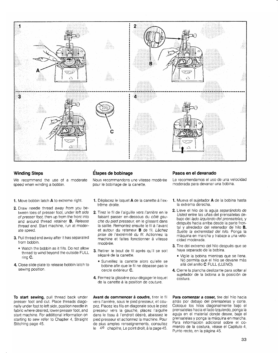 Winding steps, Etapes de bobinage, Pasos en el devanado | SINGER 2010 Touch Tronic Instruction Manual User Manual | Page 34 / 113