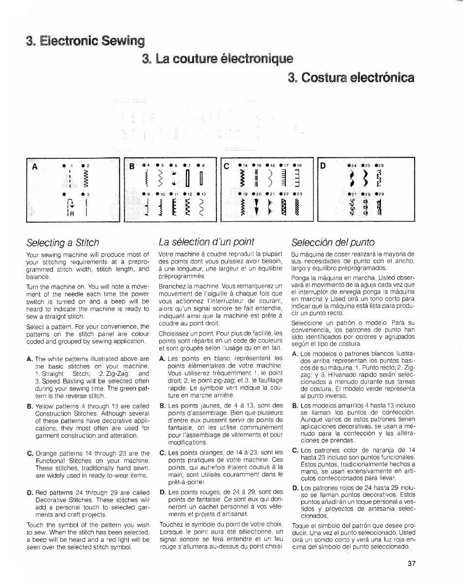 Electronic sewing, La couture électronique, Costura electrónica | Selecting a stitch, La sélection d’un point, Selección del punto, Electronic sewing 3. la couture, Électronique 3. costura electrónica | SINGER 2010 Touch Tronic Instruction Manual User Manual | Page 38 / 113