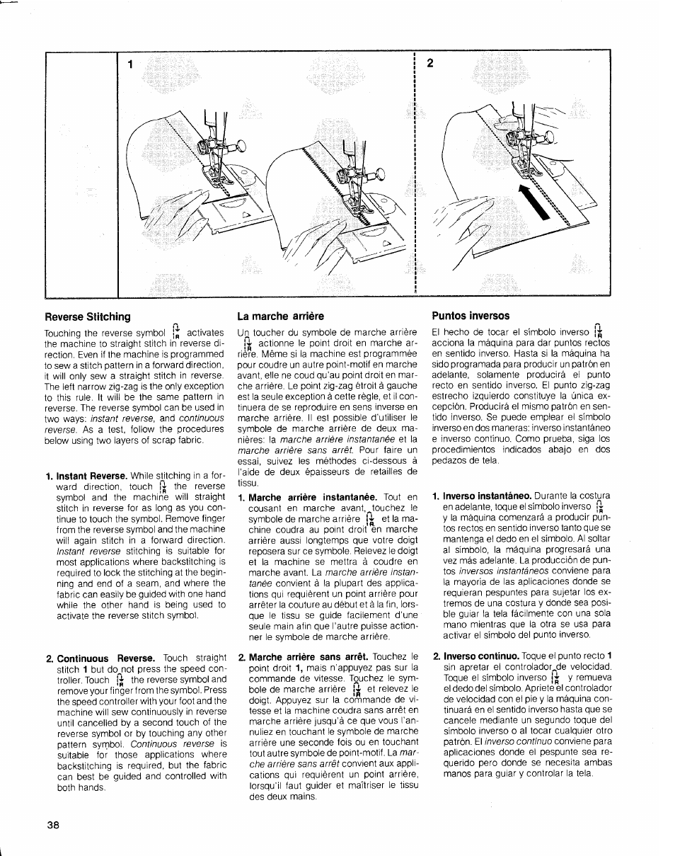 Reverse stitching, La marche arrière, Puntos inversos | SINGER 2010 Touch Tronic Instruction Manual User Manual | Page 39 / 113