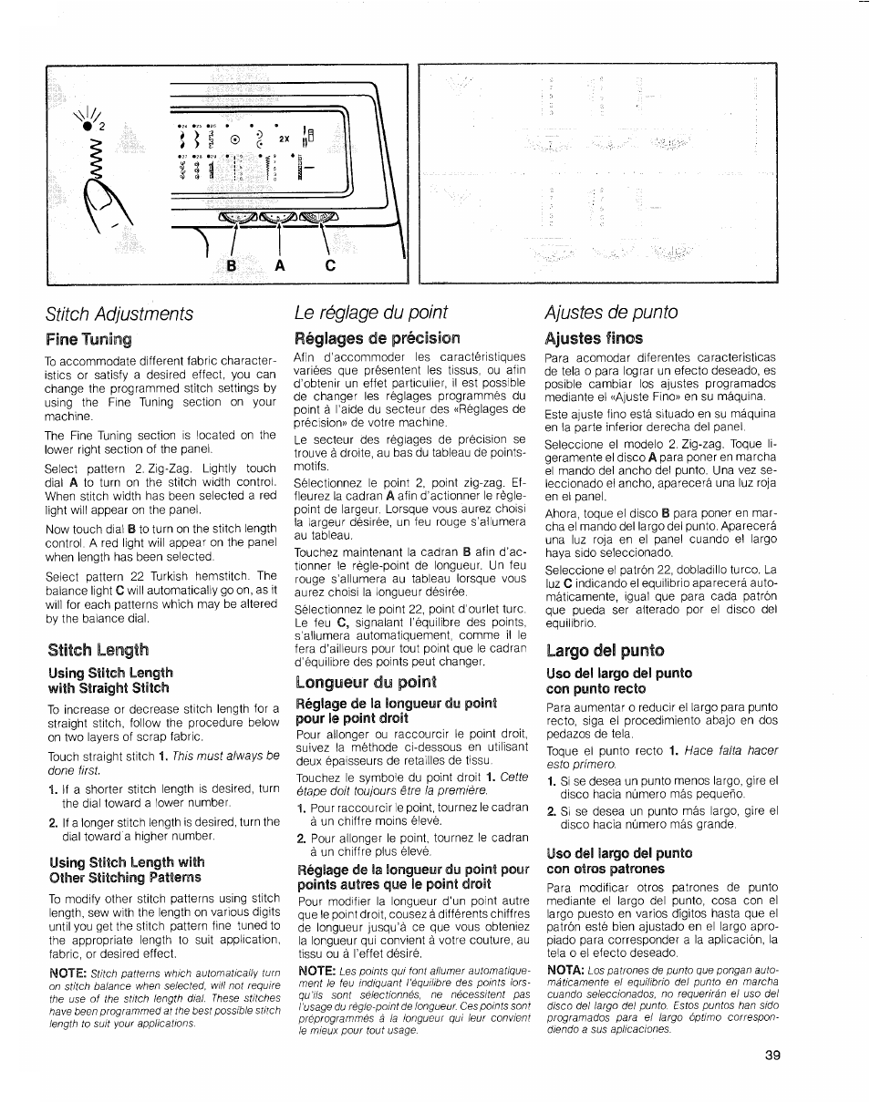 Stitch adjustments, Fine tuning, Stitch length | Le réglage du point, Ajustes de punto, Tuning, Length, Précision | SINGER 2010 Touch Tronic Instruction Manual User Manual | Page 40 / 113