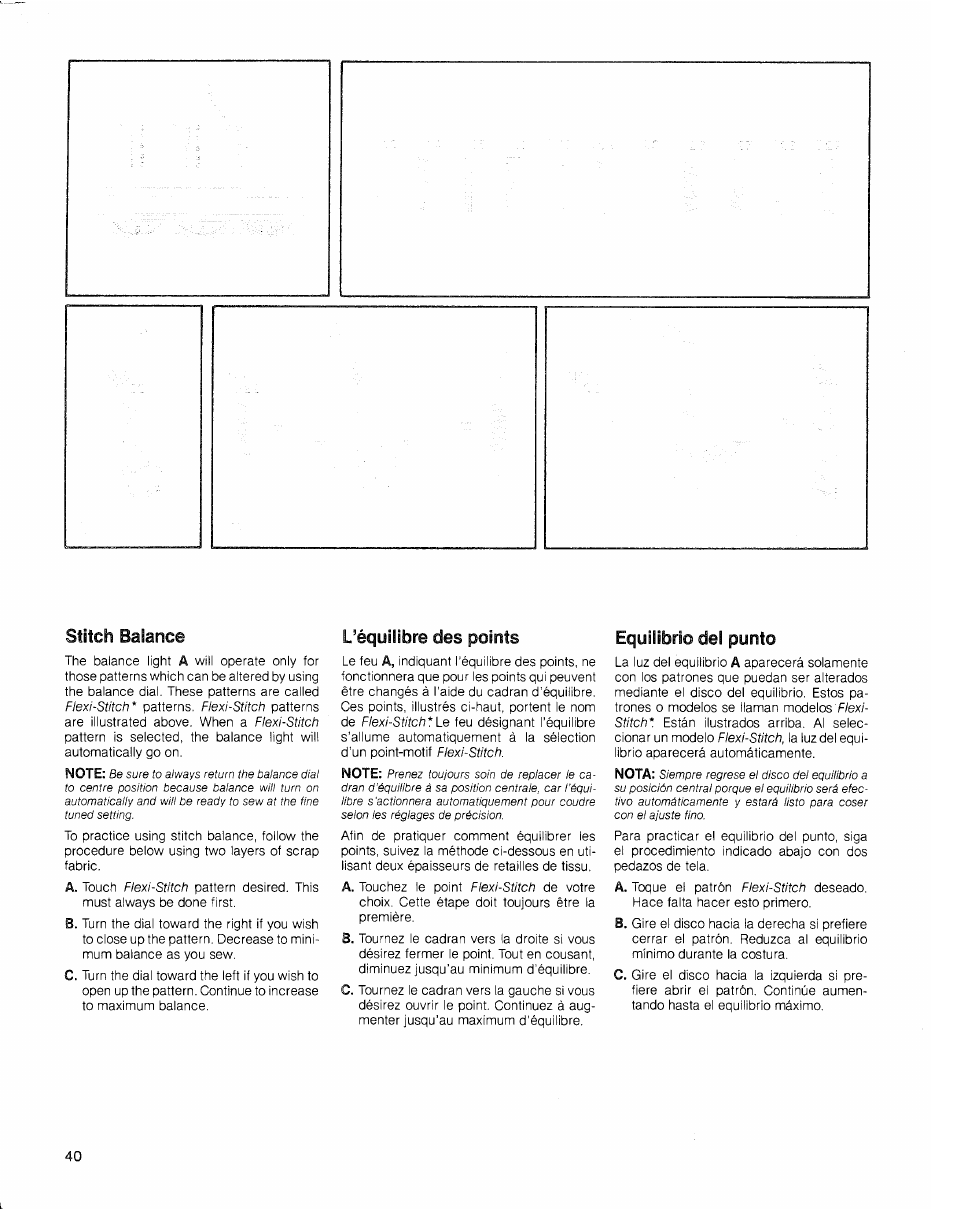 L’équilibre des points, Equilibrio del punto, Stitch balance | SINGER 2010 Touch Tronic Instruction Manual User Manual | Page 41 / 113