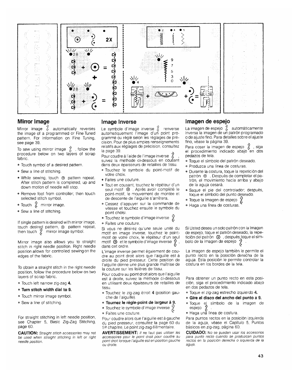 Mirror image, Image inverse, Imagen de espejo | SINGER 2010 Touch Tronic Instruction Manual User Manual | Page 44 / 113