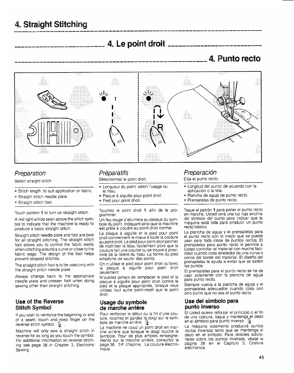 4 straight stitching, Le point droit, Punto recto | Preparation, Use of the reverse stitch symbol, Préparatifs, Usage du symbole de marche arrière, Preparación, Use del símbolo para punto inverso, Le point droit 4. punto recto | SINGER 2010 Touch Tronic Instruction Manual User Manual | Page 46 / 113