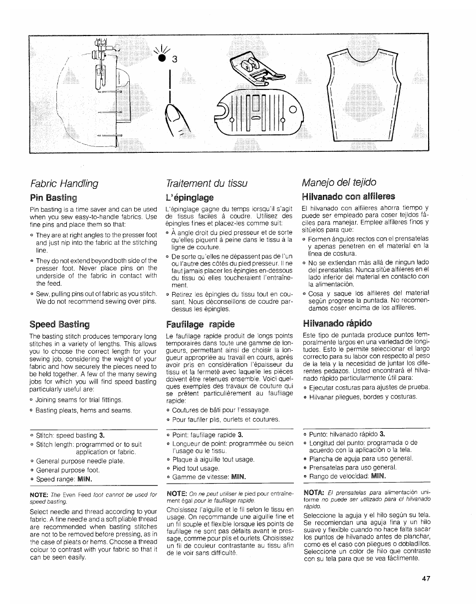Fabric handling, Pin basting, Traitement du tissu | L’épinglage, Faufüage rapide, Manejo del tejido, Hilvanado con alfileres, Fabric handling pin basting, Speed basting, Traitement du tissu l’épinglage | SINGER 2010 Touch Tronic Instruction Manual User Manual | Page 48 / 113