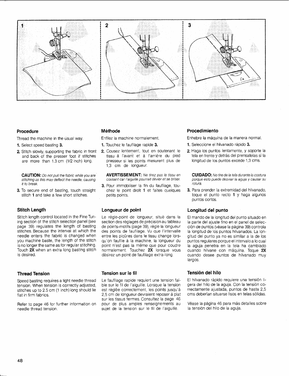 Procedure, Stitch length, Méthode | Longueur de point, Procedimiento, Longitud del punto, Thread tension, Tension sur le fil, Tensión del hilo | SINGER 2010 Touch Tronic Instruction Manual User Manual | Page 49 / 113