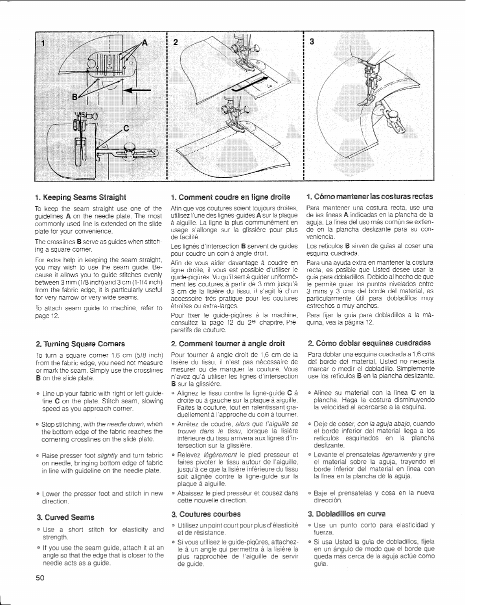 Keeping seams straight, Turning square comers, Curved seams | Comment coudre en ligne droite, Comment tourner à angle droit, Coutures courbes, Cómo mantener las costuras rectas, Cómo doblar esquinas cuadradas, Dobladillos en curva | SINGER 2010 Touch Tronic Instruction Manual User Manual | Page 51 / 113