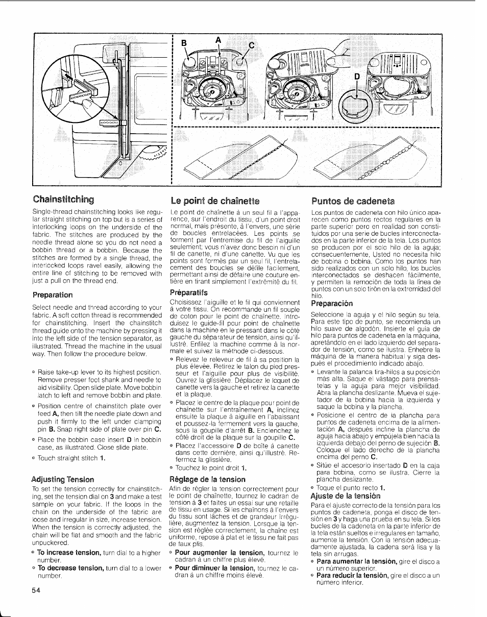 Preparation, Adjusting tension, Le point de chaînette | Préparatifs, Réglage de la tension, Puntos da cadeneta, Preparación, Puntos, Cadeneta, Chainstitching | SINGER 2010 Touch Tronic Instruction Manual User Manual | Page 55 / 113