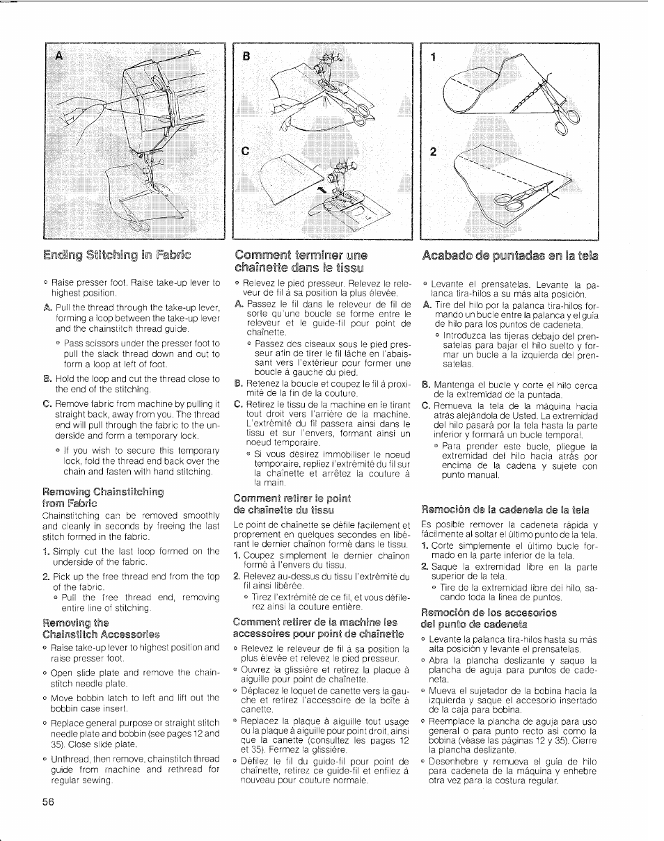 Remowng chasnssitching from fabde, Comment terminer une chaînette dans le tissu, Comment retirer le point de chaînette du tissu | Remoción de la cadeneta de ia tela, Remoción de los accesorios del punto de cadeneta | SINGER 2010 Touch Tronic Instruction Manual User Manual | Page 57 / 113