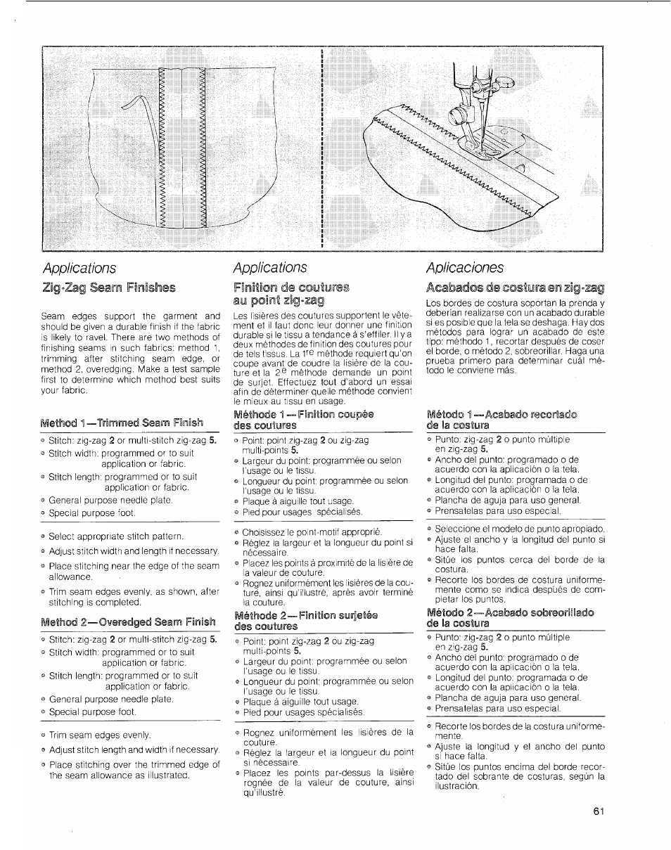 Zig-zag seam finishes, Finition de coutores au point zig-zag, Acabados de costura en zig-zag | SINGER 2010 Touch Tronic Instruction Manual User Manual | Page 62 / 113