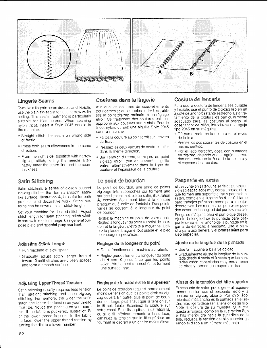 Lingerie seams, Coutures dans la lingerie, Costyra de lencería | Satin stitching, Le poinit de boyrdoini, Pespyinite eo satési, Adjusting stitch length, Réglage de la longueur di, Ajuste de ia iongitud de la puntada, Adjusting upper thread tension | SINGER 2010 Touch Tronic Instruction Manual User Manual | Page 63 / 113
