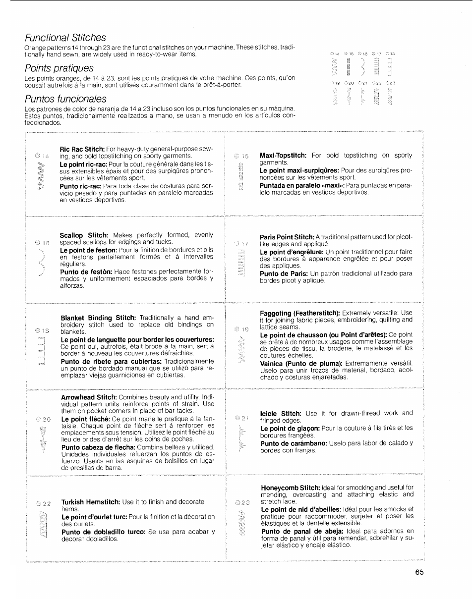 Functional stitches, Points pratiques, Puntos funcionales | 0 lii 2í | SINGER 2010 Touch Tronic Instruction Manual User Manual | Page 66 / 113