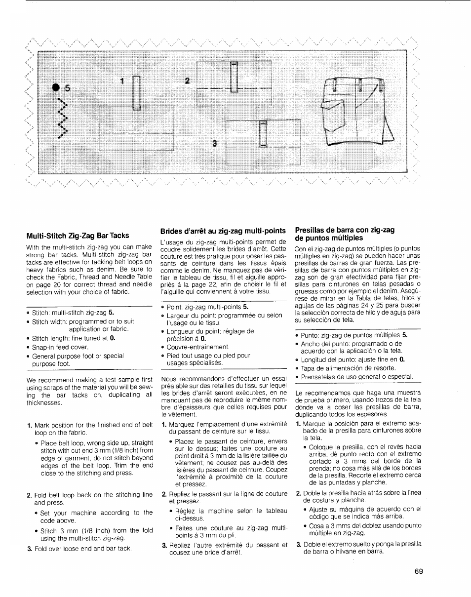 Multi-stitch zig-zag bar tacks, Brides d’arrêt au zig-zag multi-points, Presillas de barra con zig-zag de puntos múltiples | SINGER 2010 Touch Tronic Instruction Manual User Manual | Page 70 / 113
