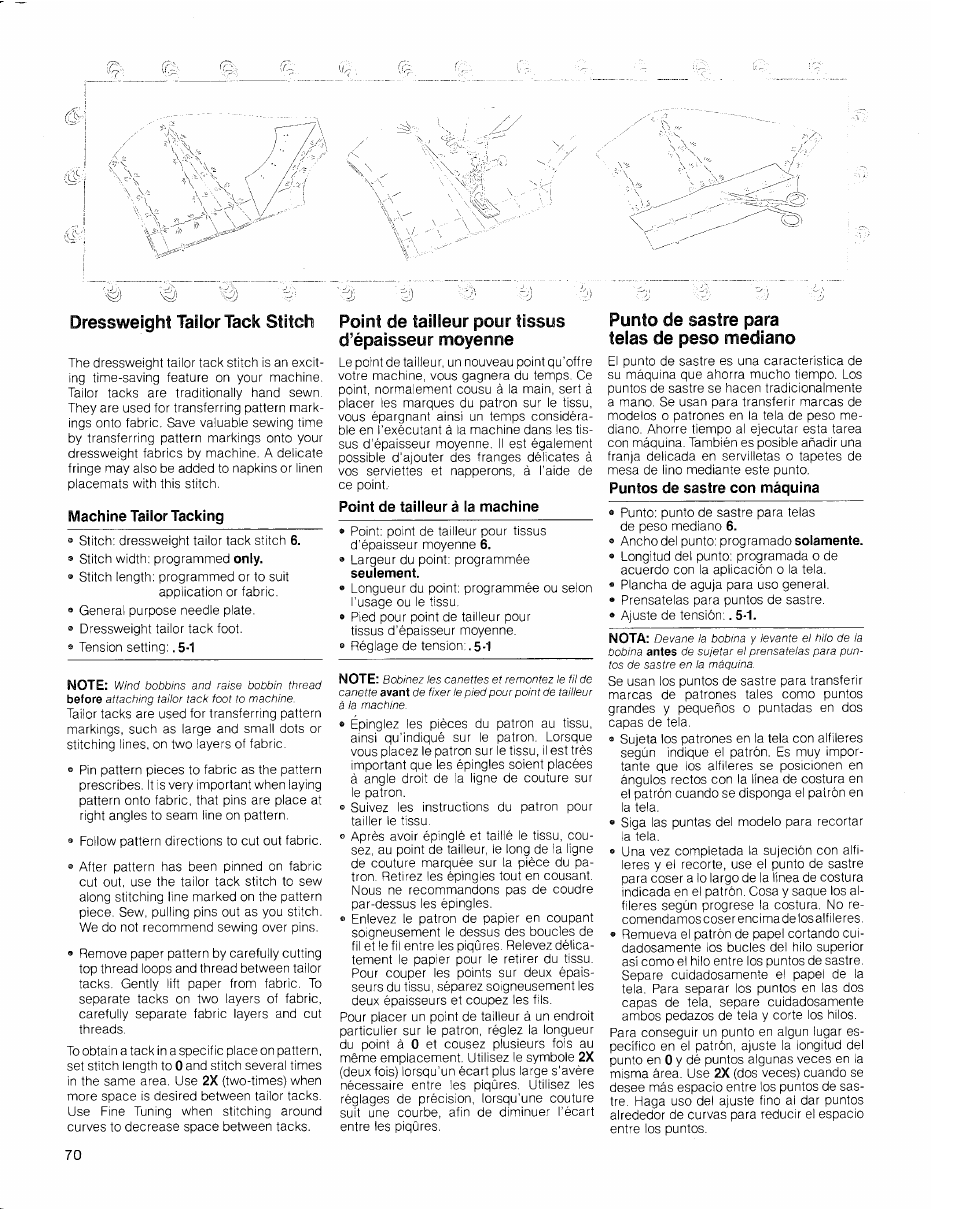 Dressweight tailor tack stitch, Machine tailor tacking, Point de tailleur pour tissus d’épaisseur moyenne | Point de tailleur à la machine, Punto de sastre para telas de peso mediano, Puntos de sastre con máquina | SINGER 2010 Touch Tronic Instruction Manual User Manual | Page 71 / 113