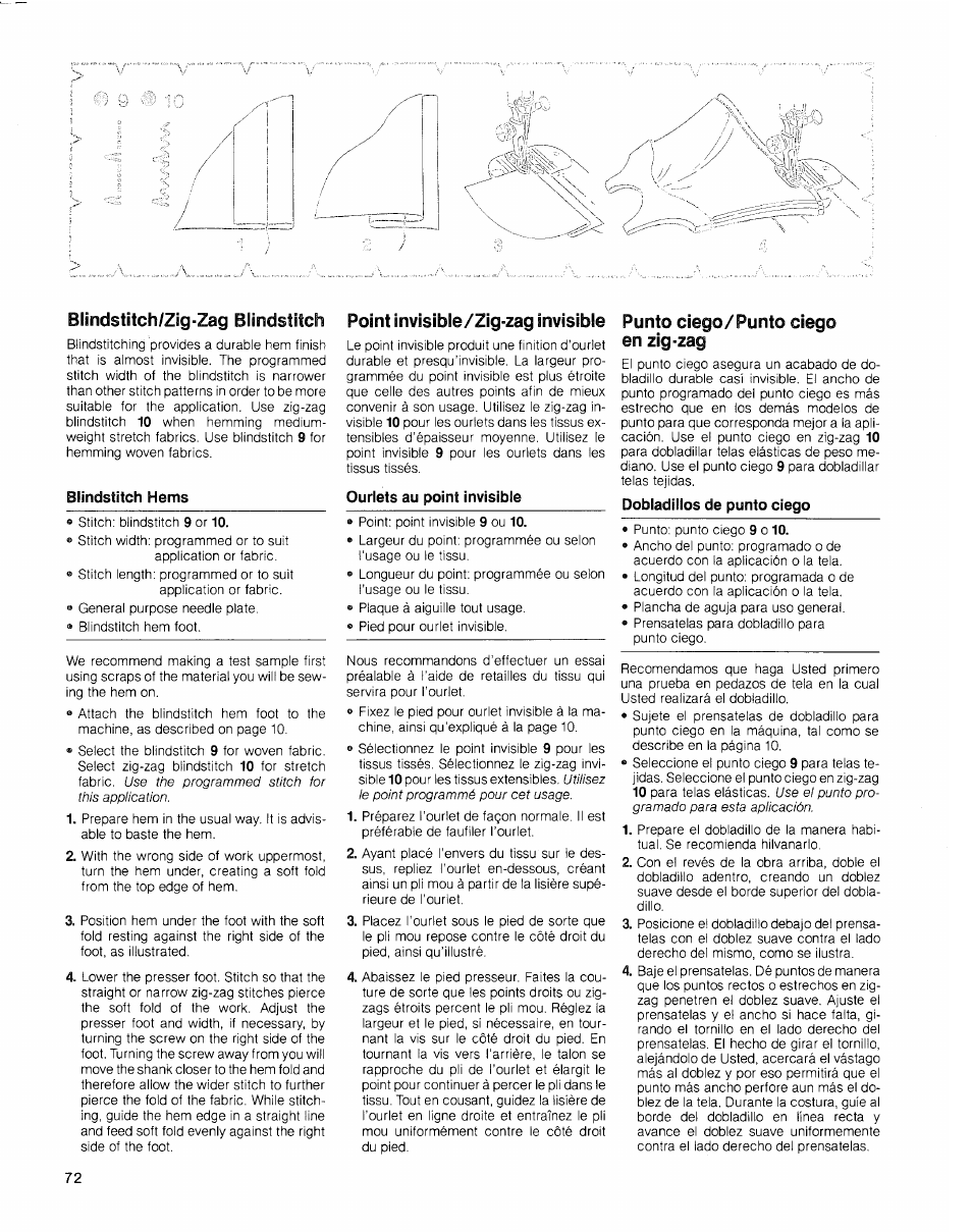 Blindstitch hems, Ourlets au point invisible, Punto ciego/punto ciego en zig-zag | Dobladillos de punto ciego | SINGER 2010 Touch Tronic Instruction Manual User Manual | Page 73 / 113