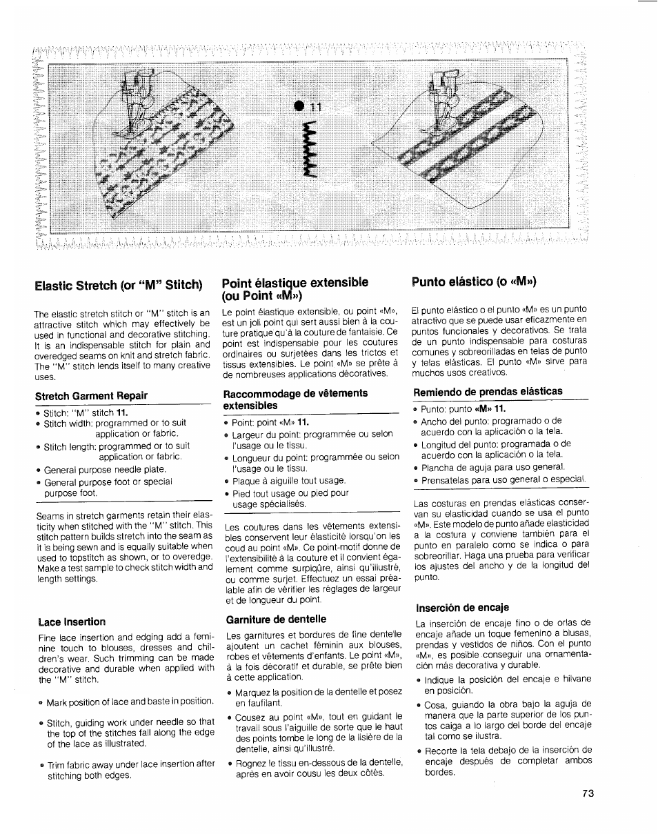 Elastic stretch (or “m” stitch), Point élastique extensible (ou point «m»), Punto elàstico (o «m») | SINGER 2010 Touch Tronic Instruction Manual User Manual | Page 74 / 113