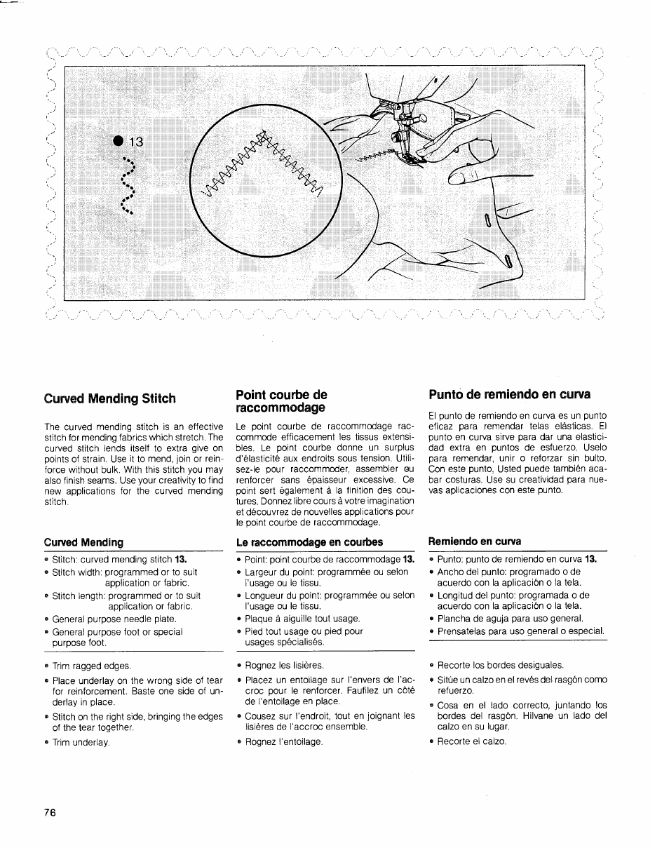 Curved mending stitch, Point courbe de, Raccommodage | Punto de remiendo en curva, Point courbe de raccommodage | SINGER 2010 Touch Tronic Instruction Manual User Manual | Page 77 / 113