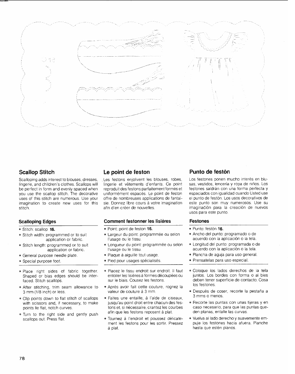 Scallop stitch, Le point de feston, Punto de festón | SINGER 2010 Touch Tronic Instruction Manual User Manual | Page 79 / 113