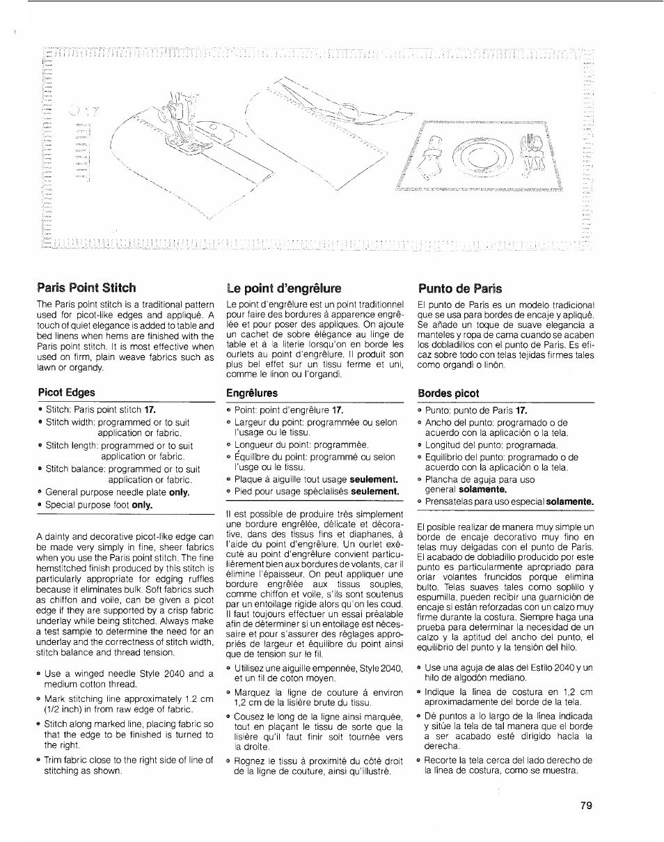 Paris point stitch, Le point d’engrêlure, Punto de parís | SINGER 2010 Touch Tronic Instruction Manual User Manual | Page 80 / 113
