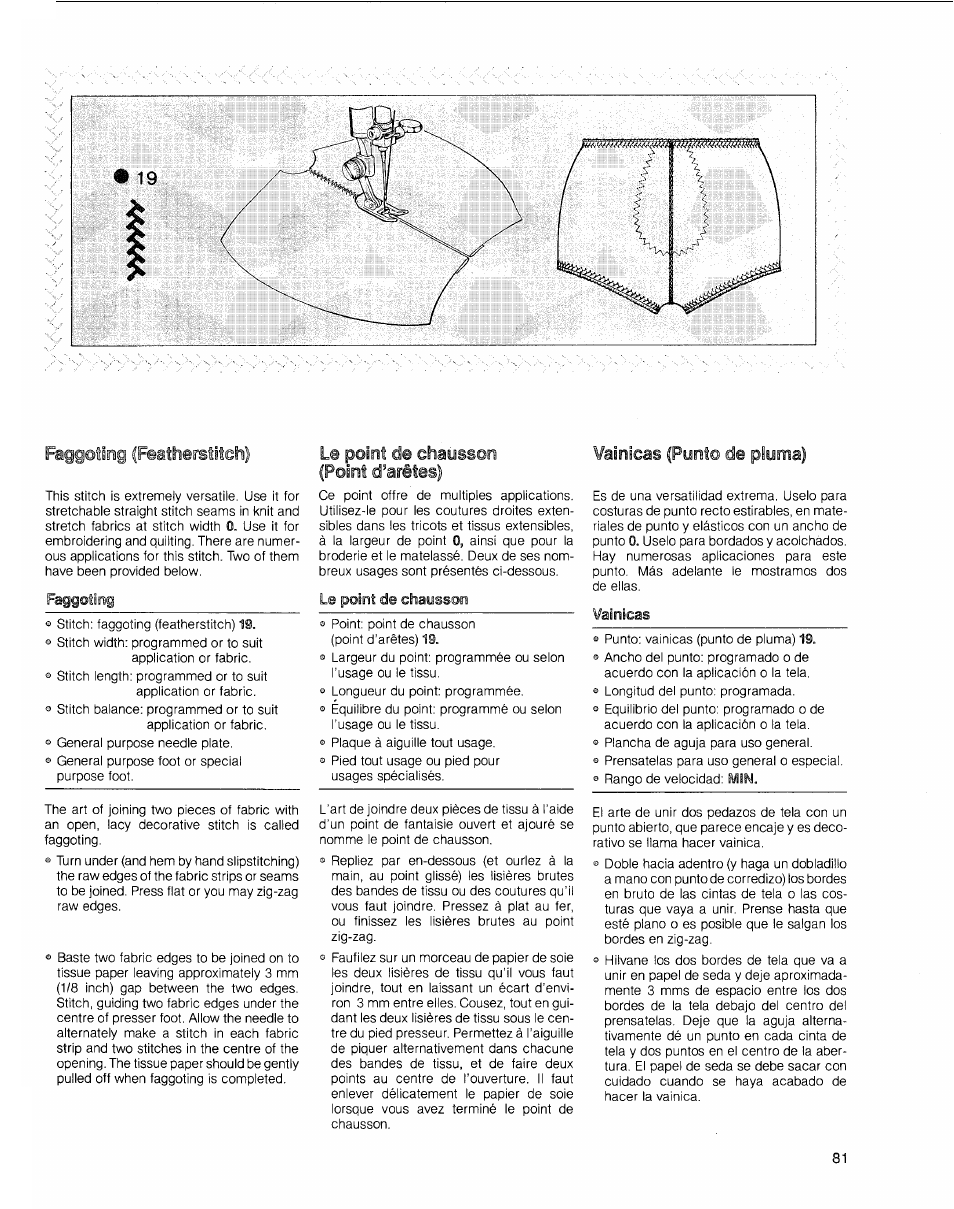 Faggoting (feaîherstiteli), Faggoting, Le point de chausson (point d’arêtes) | Le point de ehaosson, Vainicas (ponto de pluma), Vainicas, 19 faggoting (feaîherstiteli) | SINGER 2010 Touch Tronic Instruction Manual User Manual | Page 82 / 113