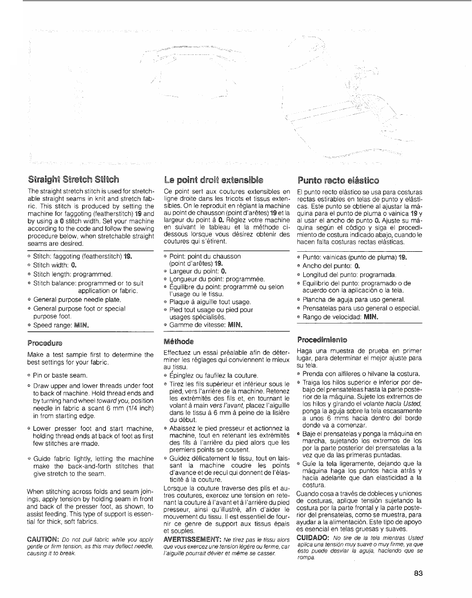 Straight stretch stitch, Procedure, Le point droit extensible | Méthode, Pursto recto elástico, Procedimiefito | SINGER 2010 Touch Tronic Instruction Manual User Manual | Page 84 / 113