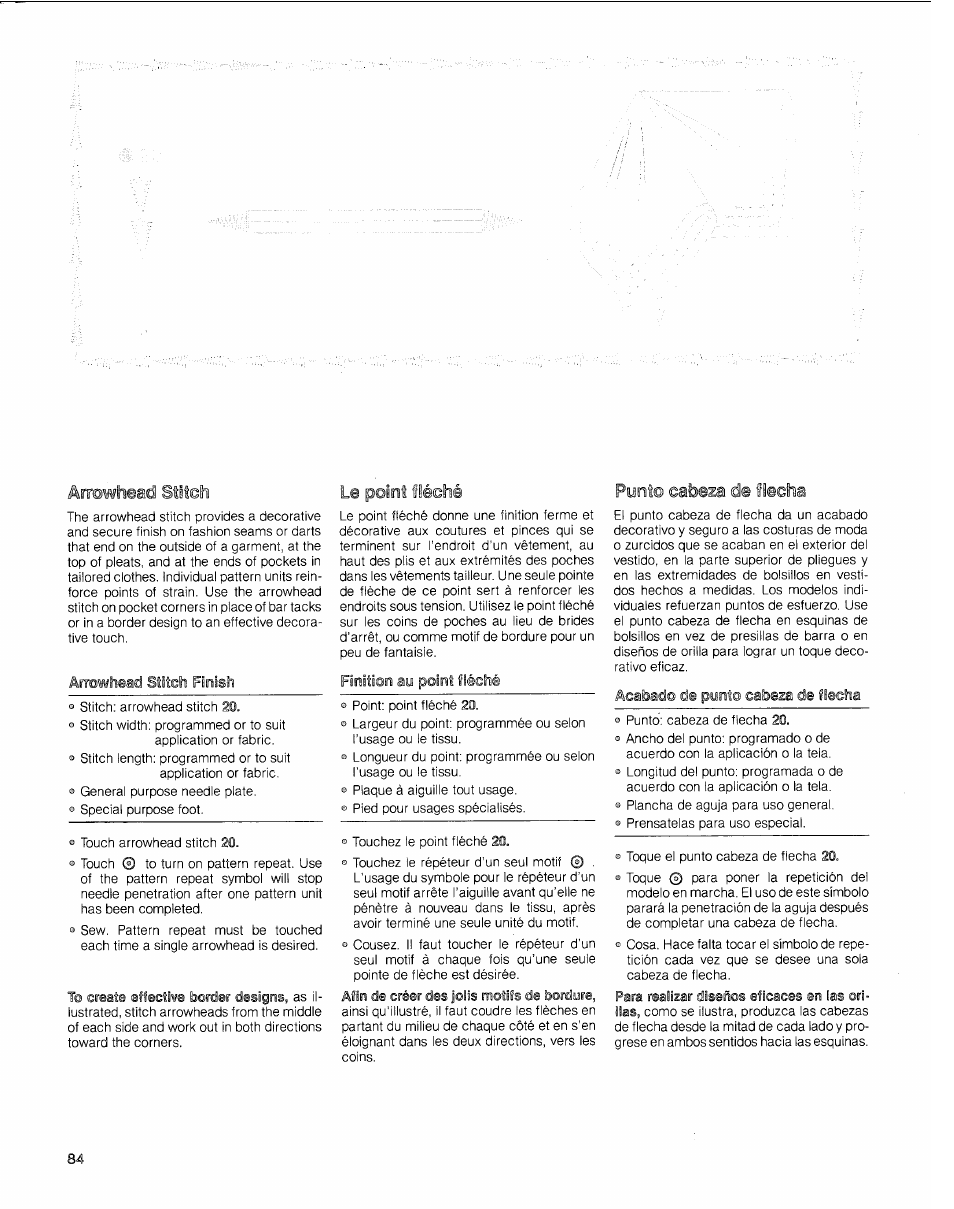 Atowhead stiteh, Arrowhead stiteh finish, Le poiût fléeiié | Finition ay point fléshé, Punto cabeza de flecha, Acabad© de pynt© cabeza de üeeha | SINGER 2010 Touch Tronic Instruction Manual User Manual | Page 85 / 113