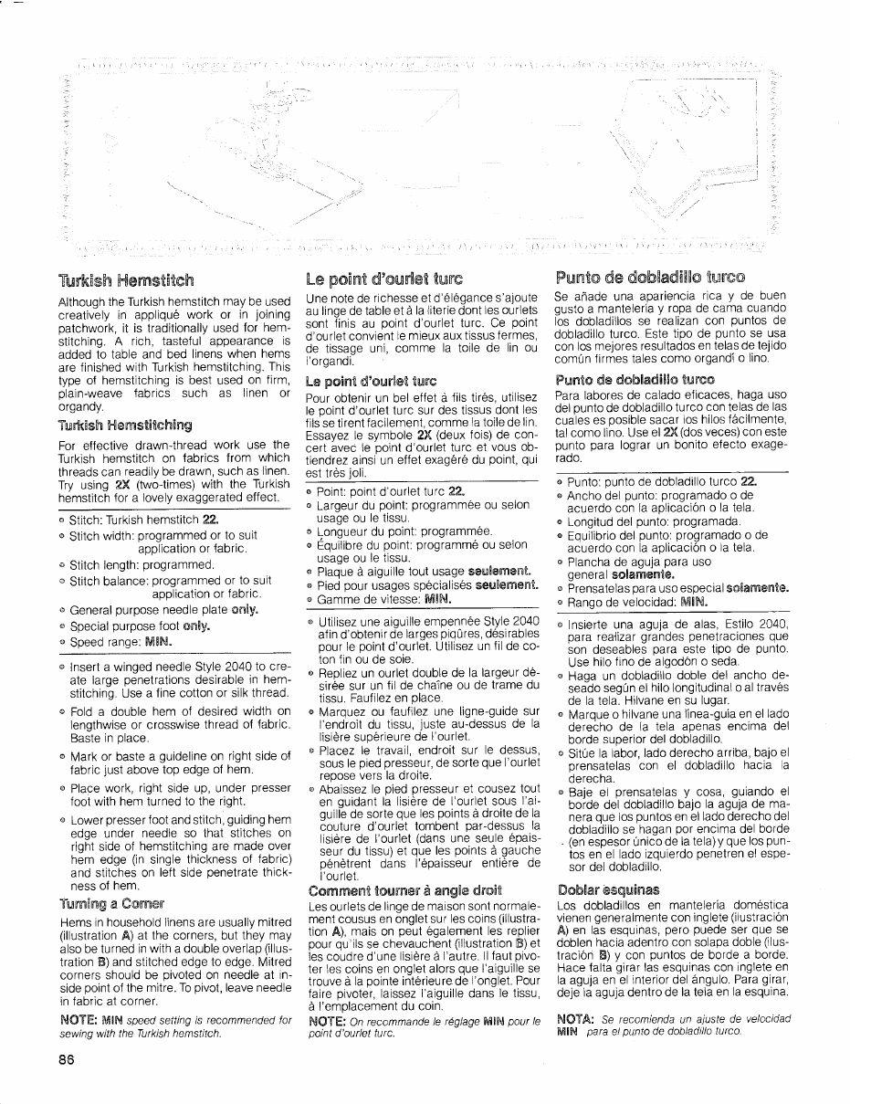 Turkisii hemstiîcii, Tyrkish hemstitehing, Turniog a comer | Le point d’oyriet tore, Purst® de dobiadili© toro, Doblar esquinas | SINGER 2010 Touch Tronic Instruction Manual User Manual | Page 87 / 113