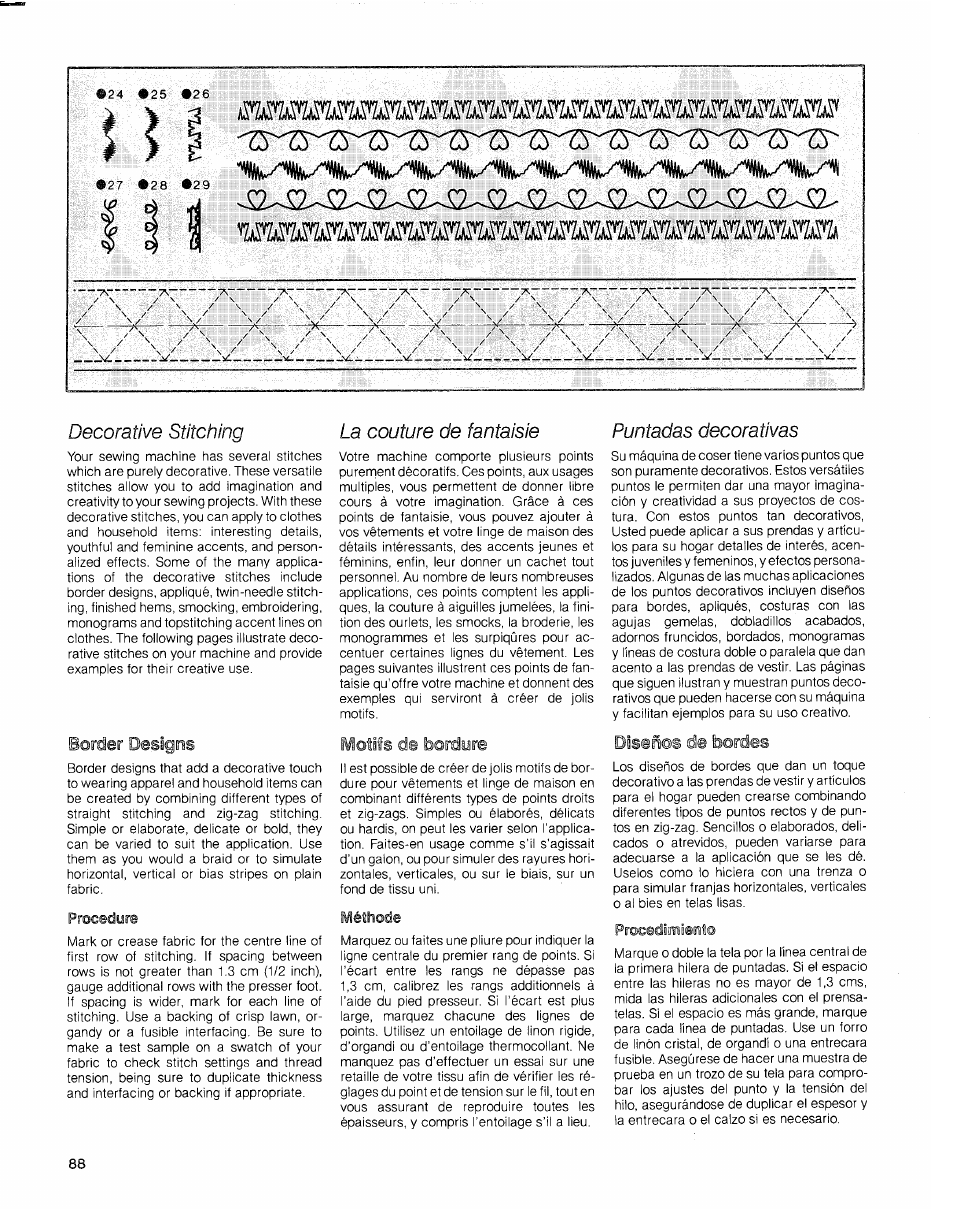 Decorative stitching, Border designs, Procedure | La couture de fantaisie, Motifs de bordure, Méêhode, Puntadas decorativas, Diseños d© bordes, Proeedimieinit | SINGER 2010 Touch Tronic Instruction Manual User Manual | Page 89 / 113